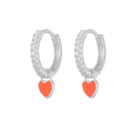 Silver Color Hoop Earrings With Cute Candy Neon Color Enamel Heart Charm Drop Earring