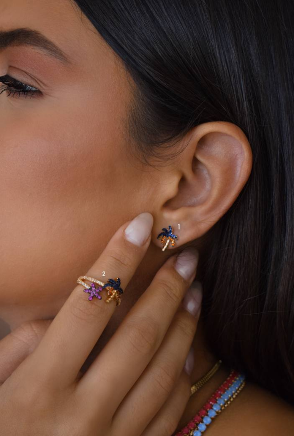 Caribbean Vibes Gold plated and Colored Zircon Palm Tree Earring and Ring Set