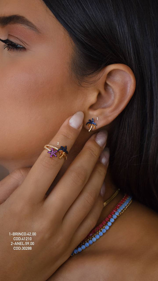 Caribbean Vibes Gold plated and Colored Zircon Palm Tree Earring and Ring Set