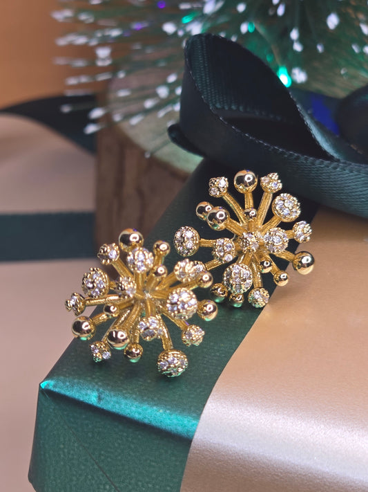 A pair of gold-colored, snowflake-shaped earrings with embedded clear gemstones, resting on a green box and peach ribbon with a blurred Christmas tree in the background.