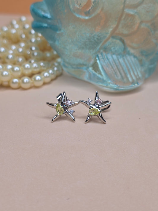 A pair of star-shaped earrings with a central yellow stone and smaller clear stones extending along the star’s arms, placed on a light pink surface with a blurred decorative glass item and a string of pearls in the background.