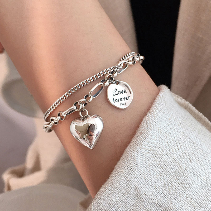 Elegant 925 Sterling Silver Love Letter Heart Double Layer Bracelet, Unique Design Thai Silver Retro Light Luxury Jewelry