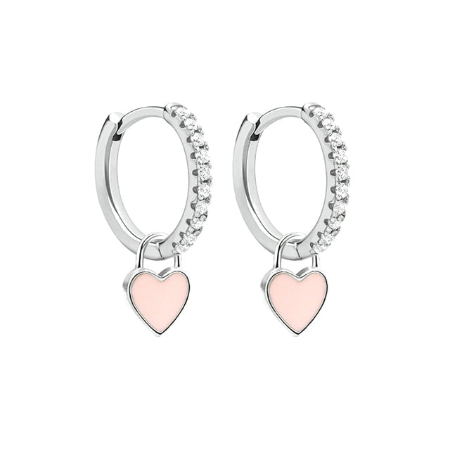 Silver Color Hoop Earrings With Cute Candy Neon Color Enamel Heart Charm Drop Earring