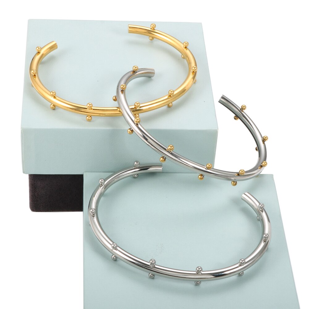 Stainless Steel Bangle & Ring Jewelry Set With Mini Gold spheres