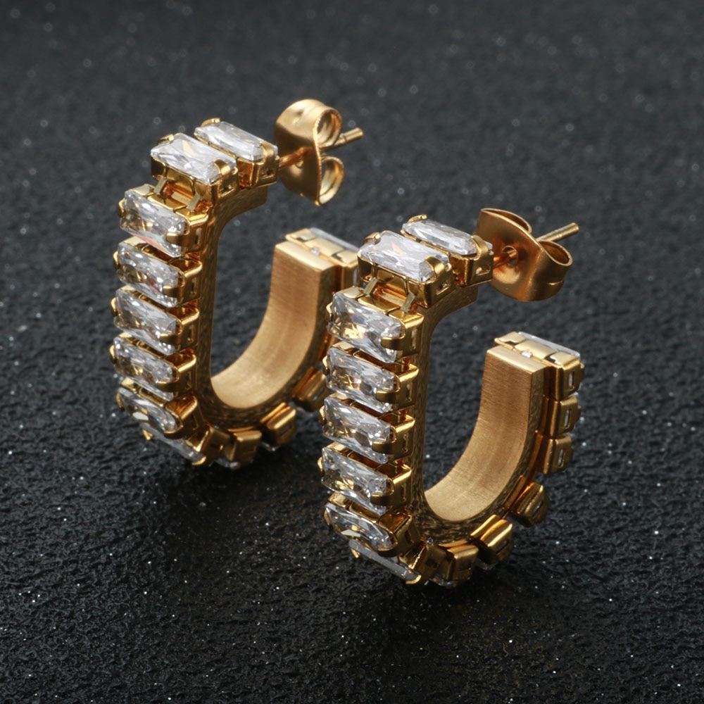 Luxury Square Zircon Stone Drop Earrings U Shape Crystal Stud