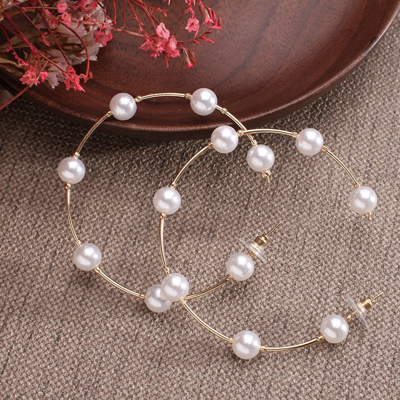 New white imitation pearl round circle hoop earrings