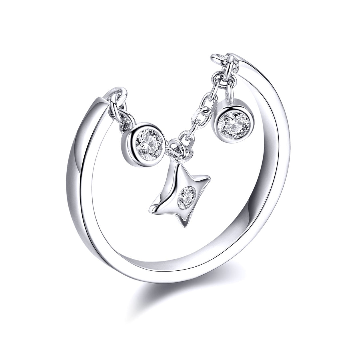 Sterling Silver Chain Adjustable Rings with Clear CZ Star Rings