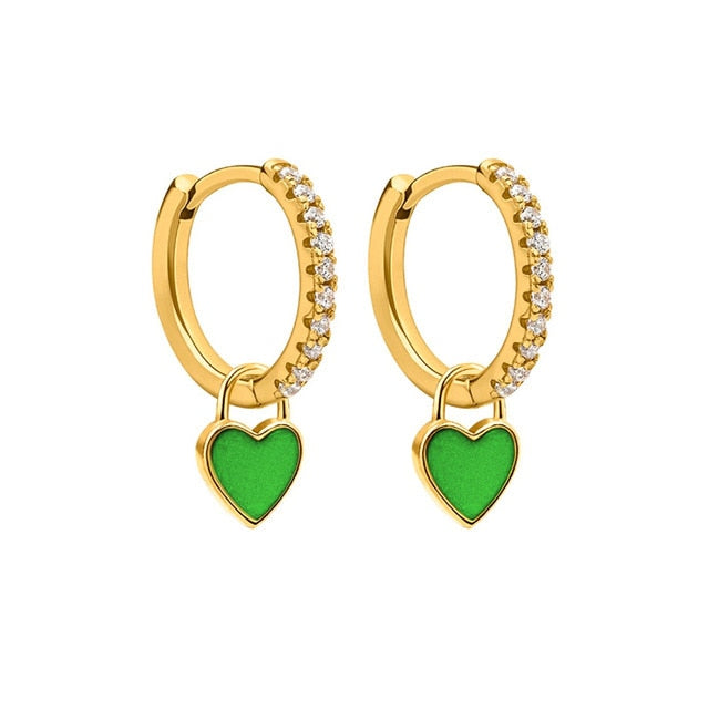 Silver Color Hoop Earrings With Cute Candy Neon Color Enamel Heart Charm Drop Earring