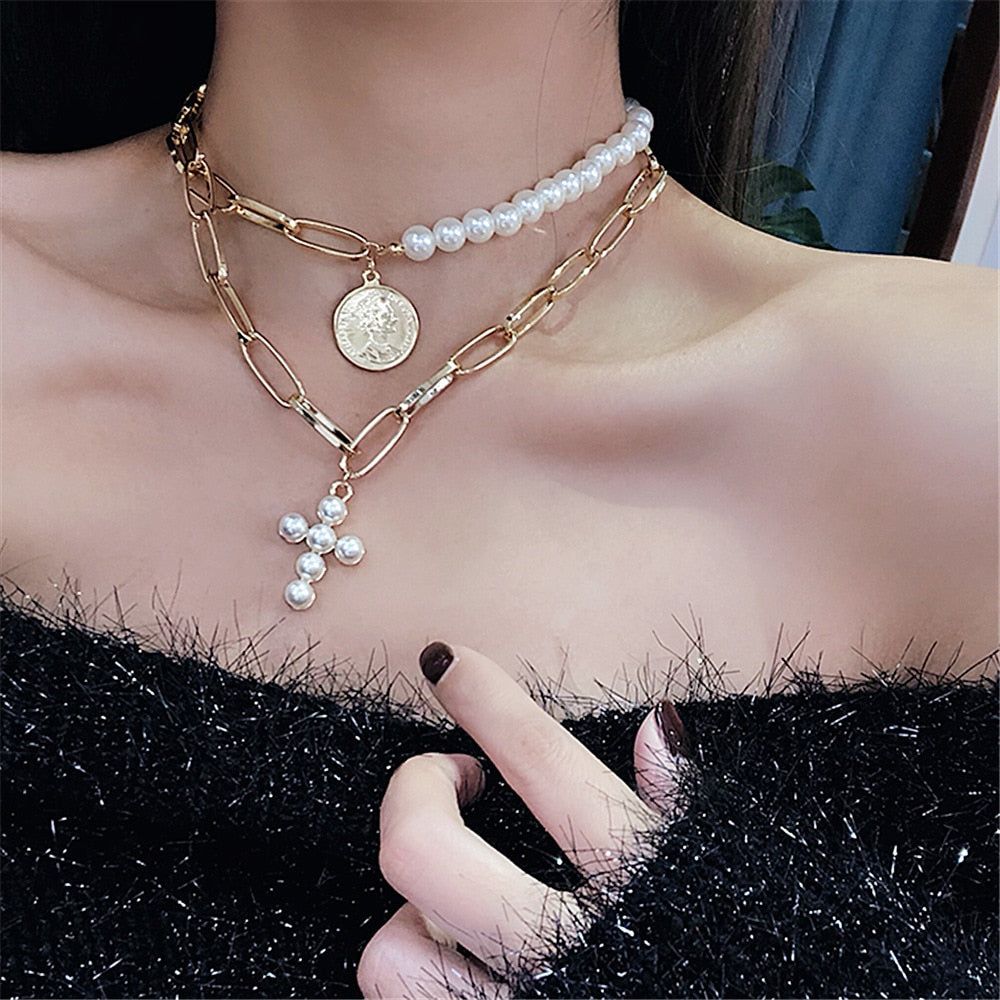 Elegant Big White Imitation Pearl Choker Necklace