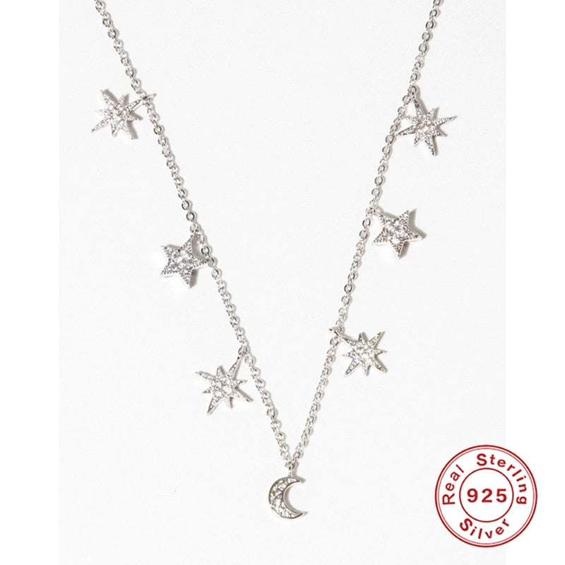 Stars Moon Real 925 Sterling Silver  Choker Necklace with Pearl, Fancy Diamond.