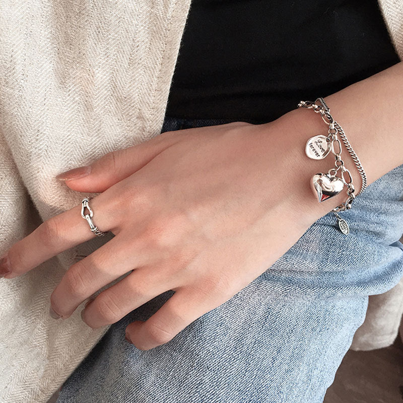 Elegant 925 Sterling Silver Love Letter Heart Double Layer Bracelet, Unique Design Thai Silver Retro Light Luxury Jewelry