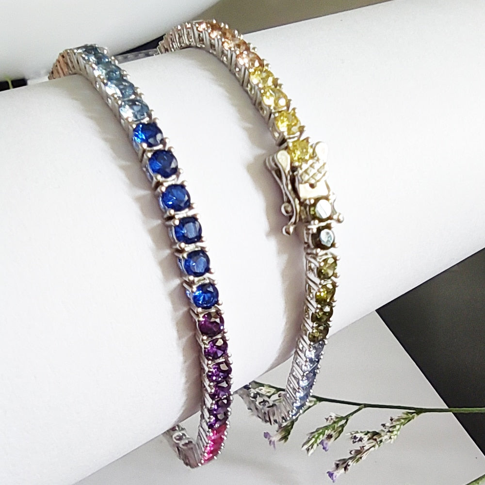 Solid Real 925 Silver 3 mm Rainbow Zircon Tennis Bracelet 15/16/17/18/19/20/21 cm Colorful Fine Jewelry