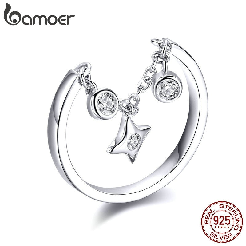 Sterling Silver Chain Adjustable Rings with Clear CZ Star Rings