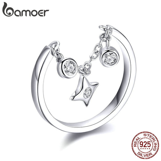 Sterling Silver Chain Adjustable Rings with Clear CZ Star Rings