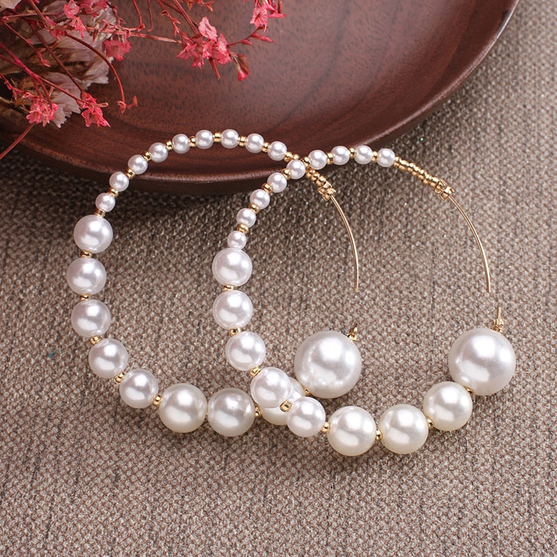 New white imitation pearl round circle hoop earrings