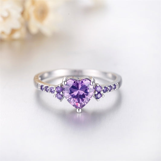 Purple Zircon Heart Shape Crystal Rings Made With Certificate Real Tibetan Silver 925