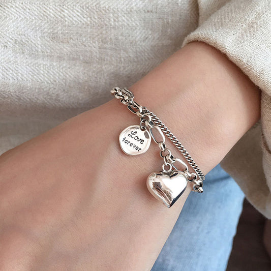 Elegant 925 Sterling Silver Love Letter Heart Double Layer Bracelet, Unique Design Thai Silver Retro Light Luxury Jewelry