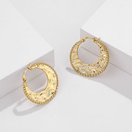 Sterling Silver 925 Retro 18K Gold Plated Irregular Texture Moon Beaded Hoop Earrings