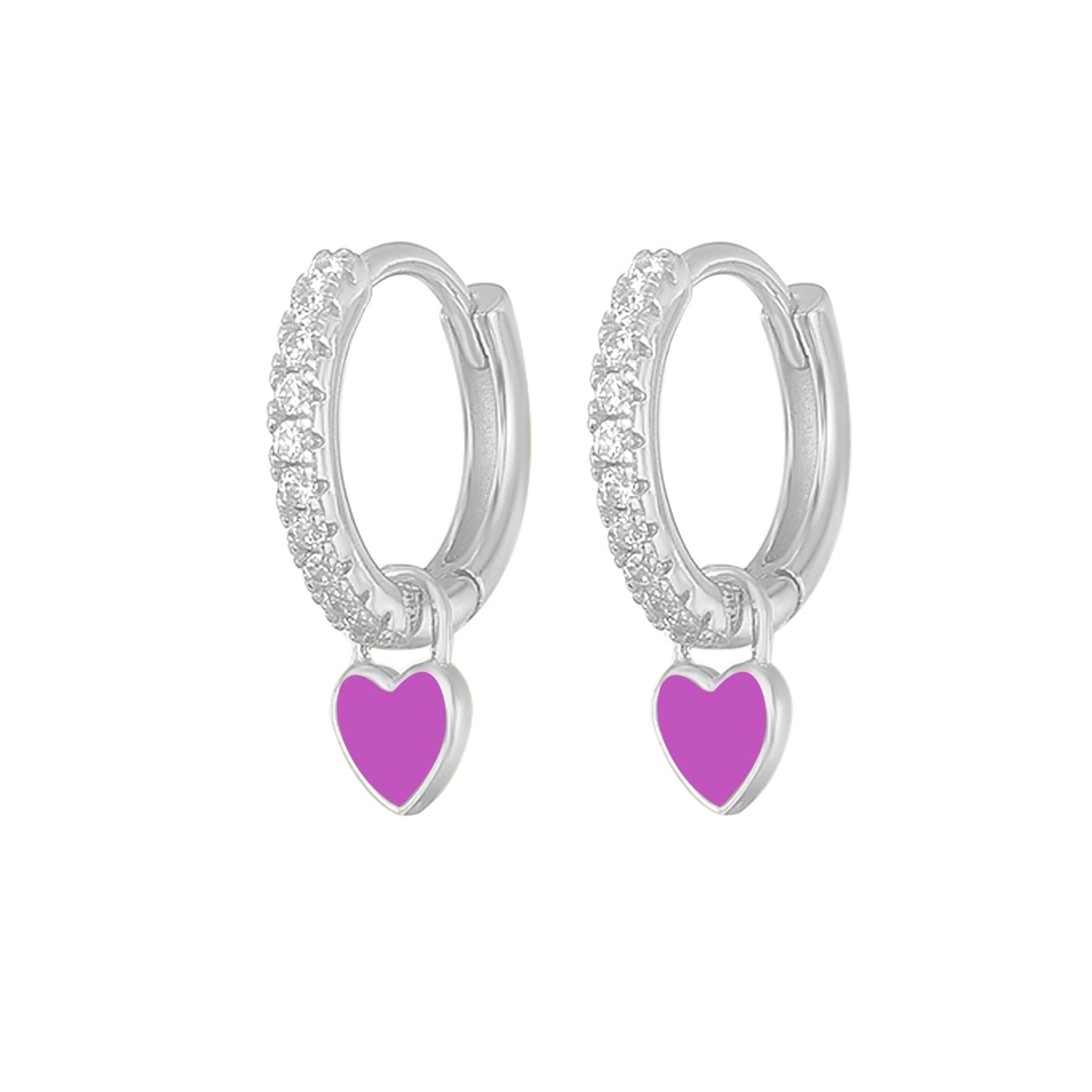 Silver Color Hoop Earrings With Cute Candy Neon Color Enamel Heart Charm Drop Earring