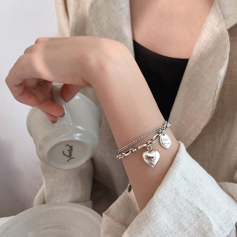 Elegant 925 Sterling Silver Love Letter Heart Double Layer Bracelet, Unique Design Thai Silver Retro Light Luxury Jewelry