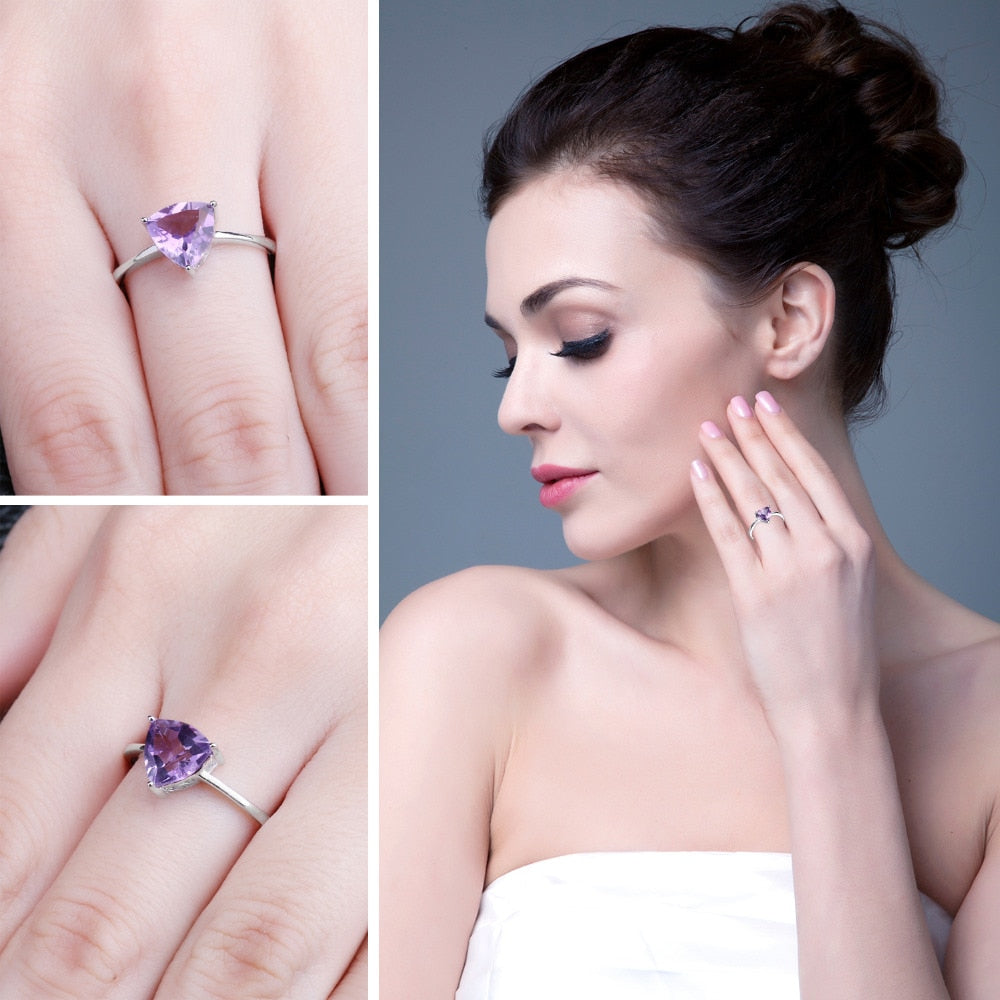 Solitare Triangle 1.1ct Natural Purple Amethyst ring made with 925 Sterling Silver and Rhodium plated - Tarnish risistant