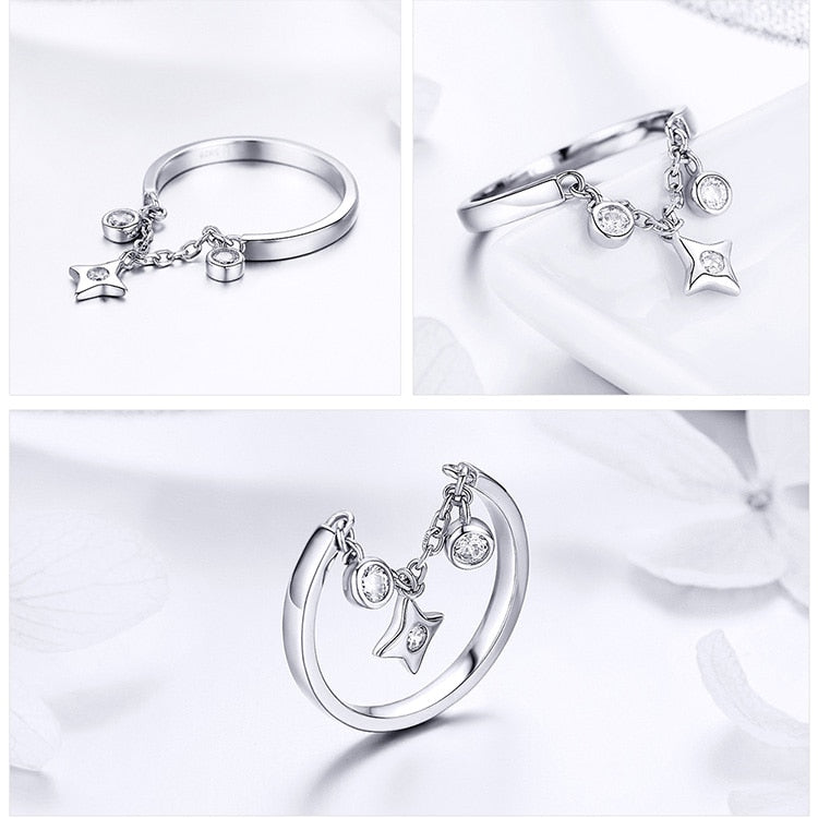 Sterling Silver Chain Adjustable Rings with Clear CZ Star Rings