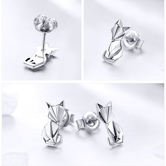 Genuine 925 Sterling Silver Origami Fox Animal Stud Earrings