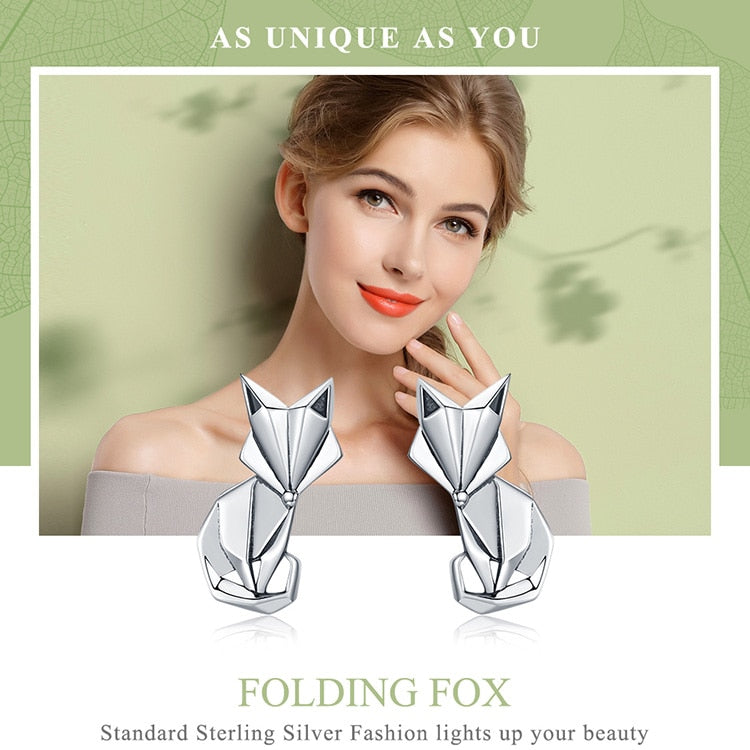 Genuine 925 Sterling Silver Origami Fox Animal Stud Earrings