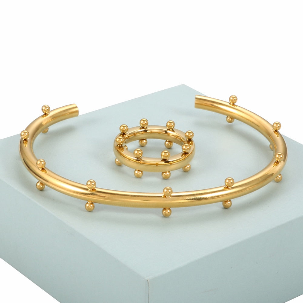 Stainless Steel Bangle & Ring Jewelry Set With Mini Gold spheres