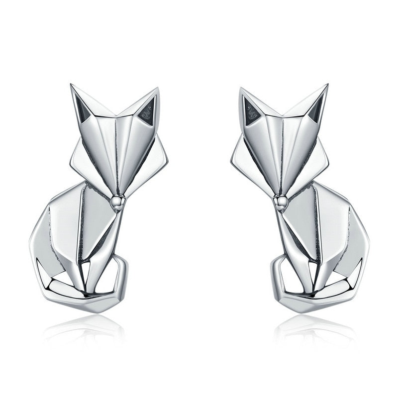 Genuine 925 Sterling Silver Origami Fox Animal Stud Earrings