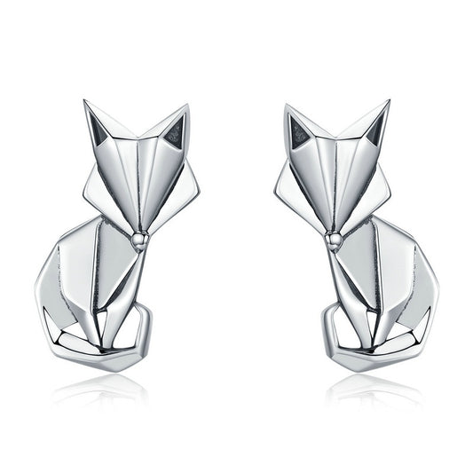 Genuine 925 Sterling Silver Origami Fox Animal Stud Earrings