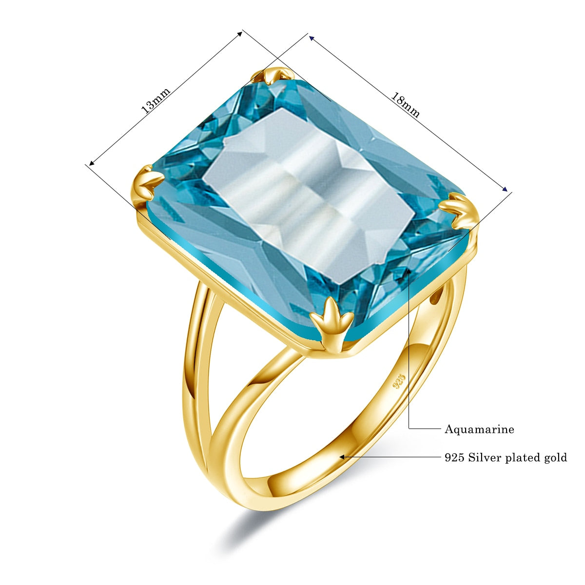 Luxury Classic Aquamarine Ring 925 Sterling Sliver with Gold Plating