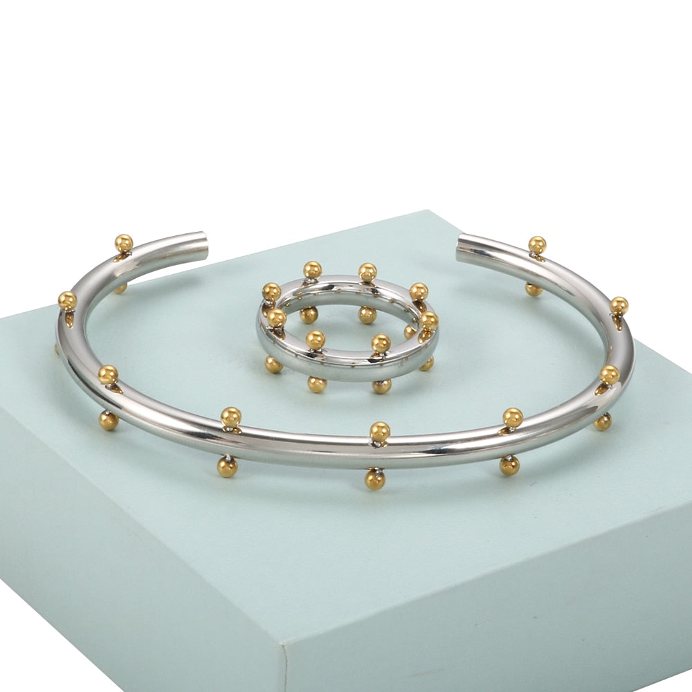 Stainless Steel Bangle & Ring Jewelry Set With Mini Gold spheres