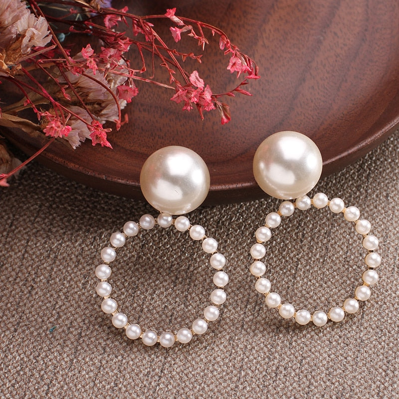 New white imitation pearl round circle hoop earrings