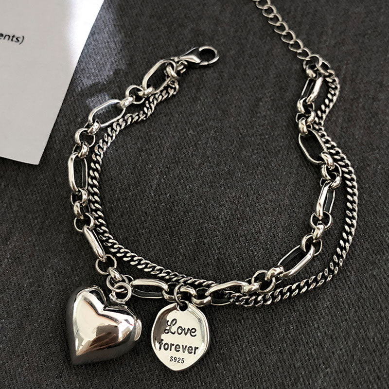 Elegant 925 Sterling Silver Love Letter Heart Double Layer Bracelet, Unique Design Thai Silver Retro Light Luxury Jewelry