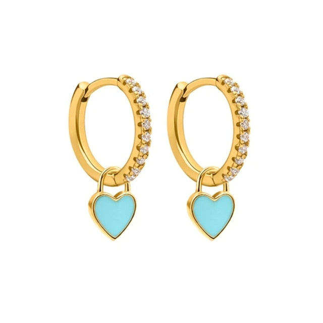 Silver Color Hoop Earrings With Cute Candy Neon Color Enamel Heart Charm Drop Earring