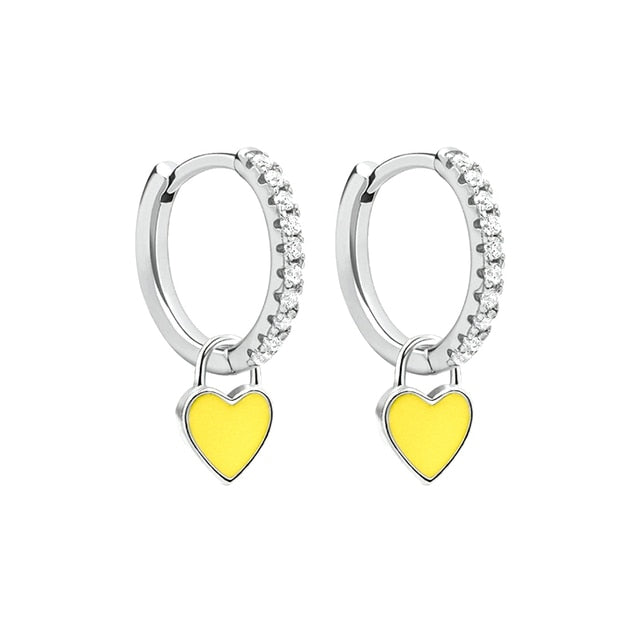 Silver Color Hoop Earrings With Cute Candy Neon Color Enamel Heart Charm Drop Earring