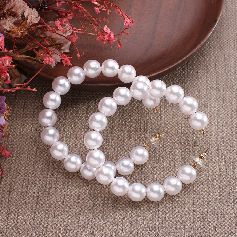 New white imitation pearl round circle hoop earrings