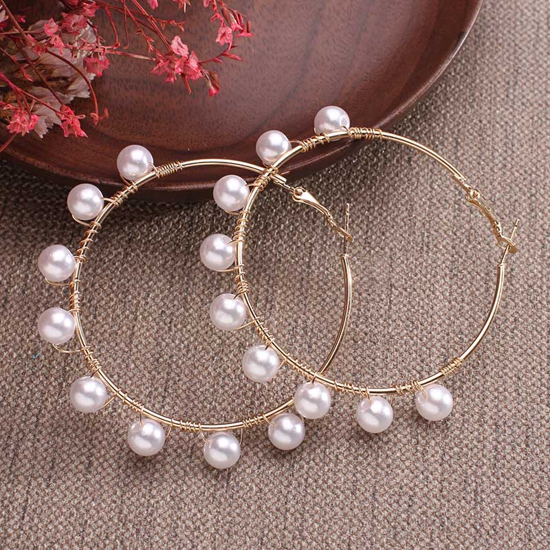 New white imitation pearl round circle hoop earrings