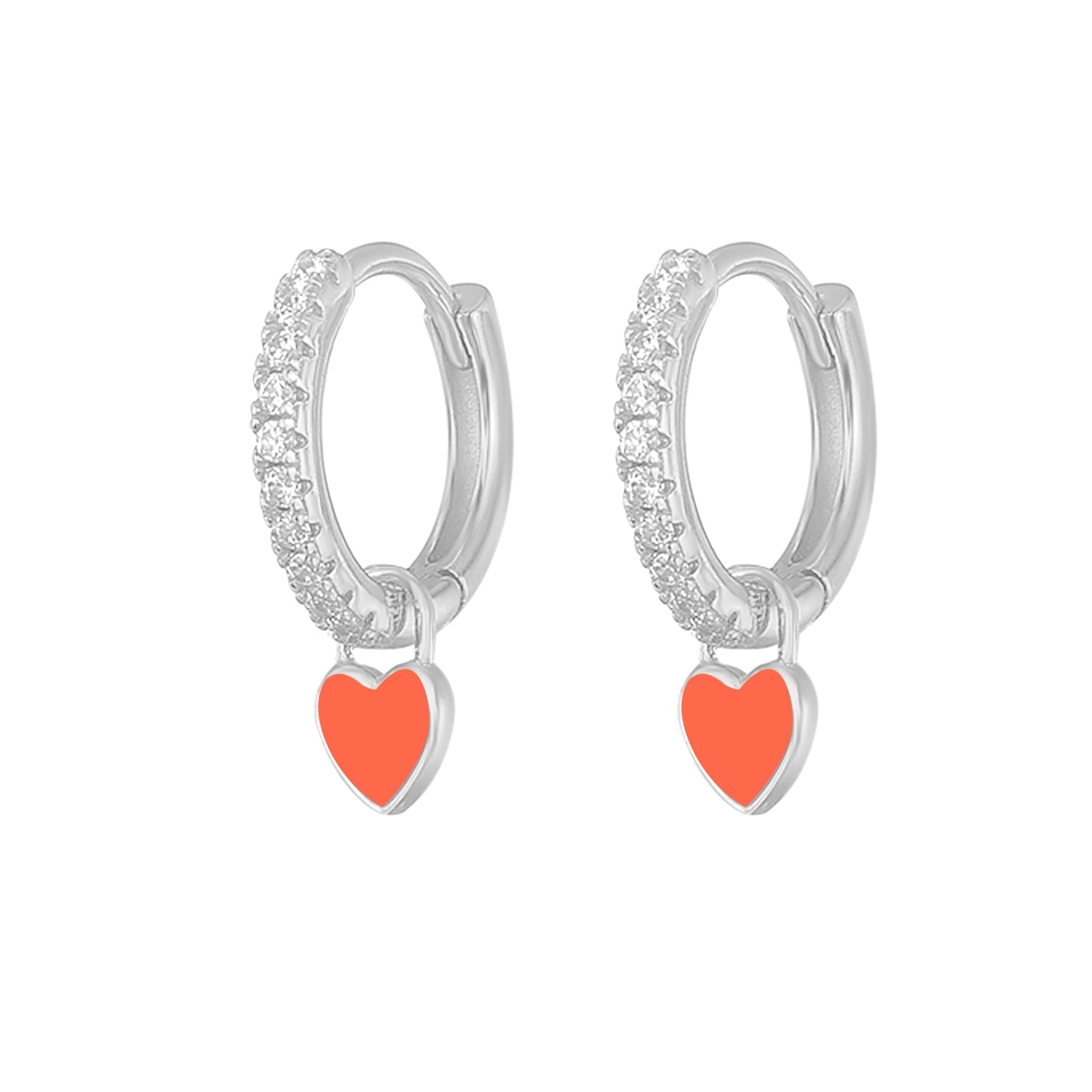 Silver Color Hoop Earrings With Cute Candy Neon Color Enamel Heart Charm Drop Earring