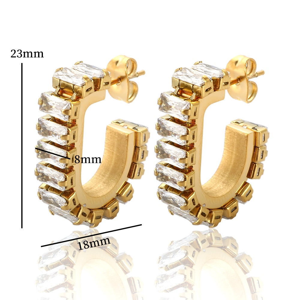 Luxury Square Zircon Stone Drop Earrings U Shape Crystal Stud