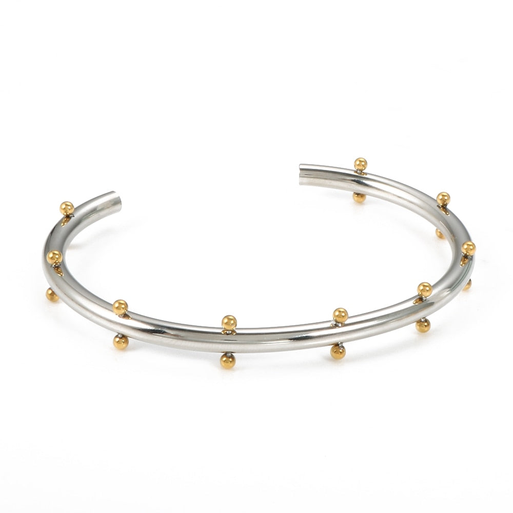 Stainless Steel Bangle & Ring Jewelry Set With Mini Gold spheres