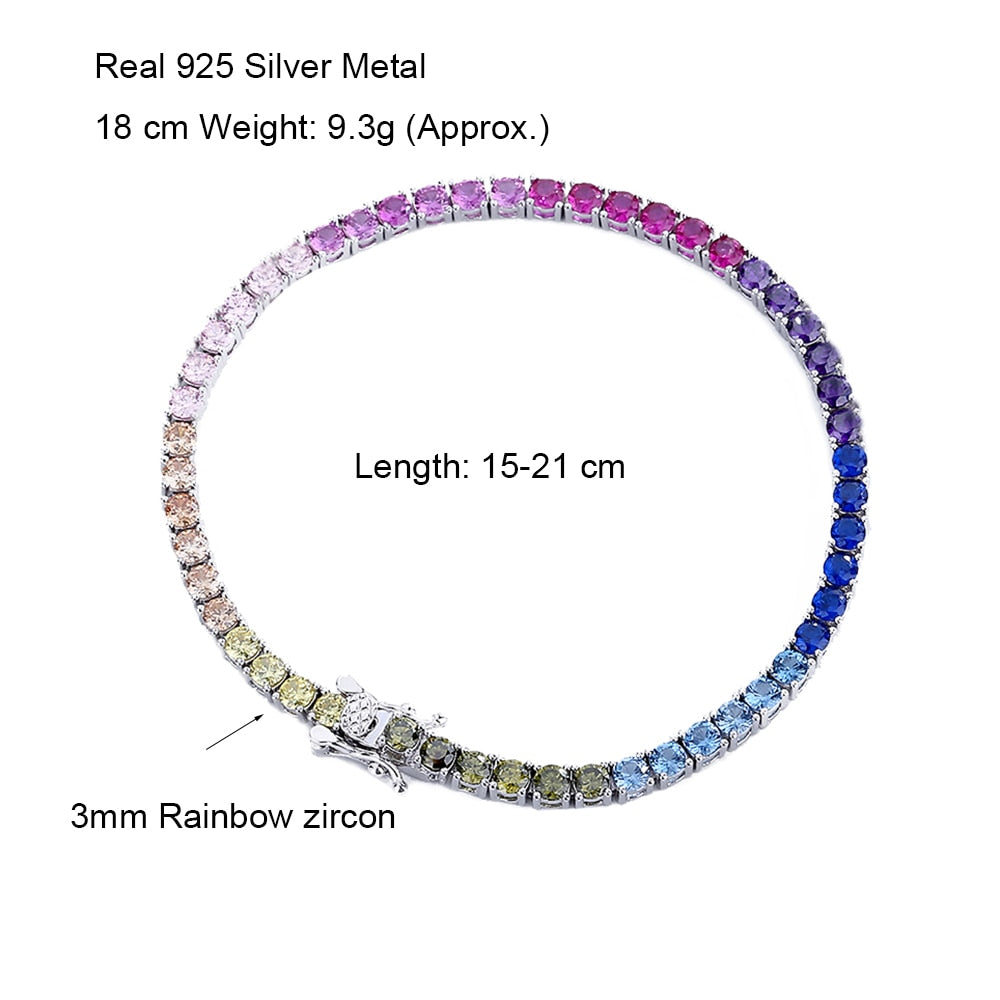 Solid Real 925 Silver 3 mm Rainbow Zircon Tennis Bracelet 15/16/17/18/19/20/21 cm Colorful Fine Jewelry