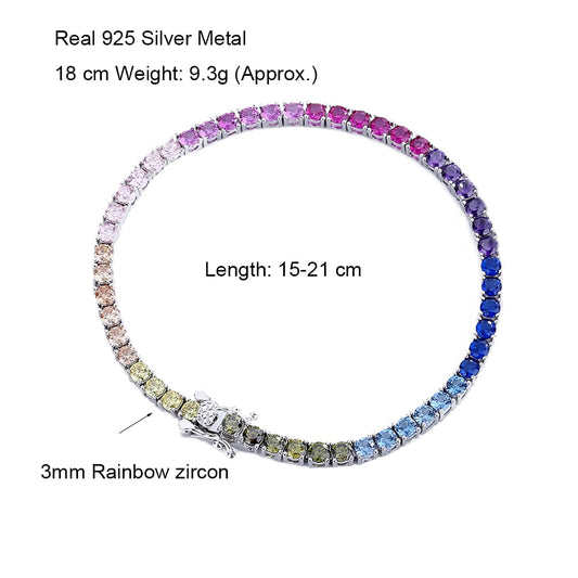 Solid Real 925 Silver 3 mm Rainbow Zircon Tennis Bracelet 15/16/17/18/19/20/21 cm Colorful Fine Jewelry