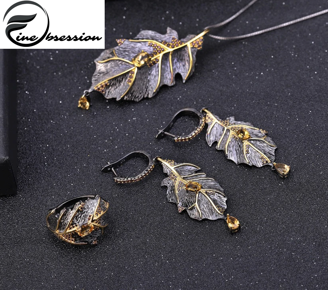 stunning Autumn Leaf Design Set, Featuring Natural Citrine Stones and Crafted from 925 Sterling Silver.