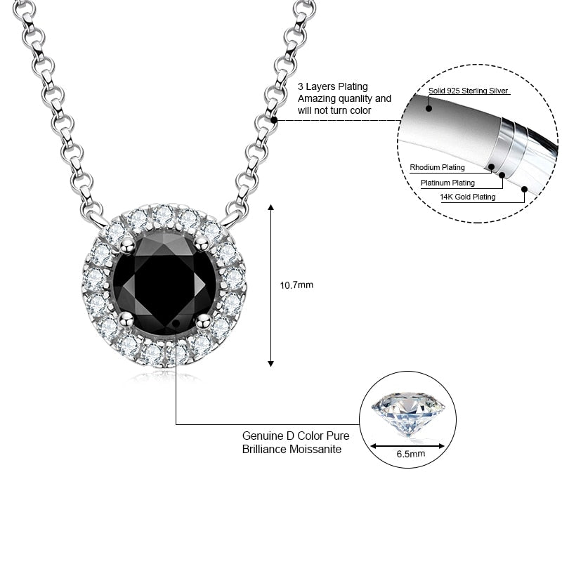 Luxury Female Pendant Necklace, Round Cut 1.0ct Black Moissanite Authentic 925 Sterling Silver