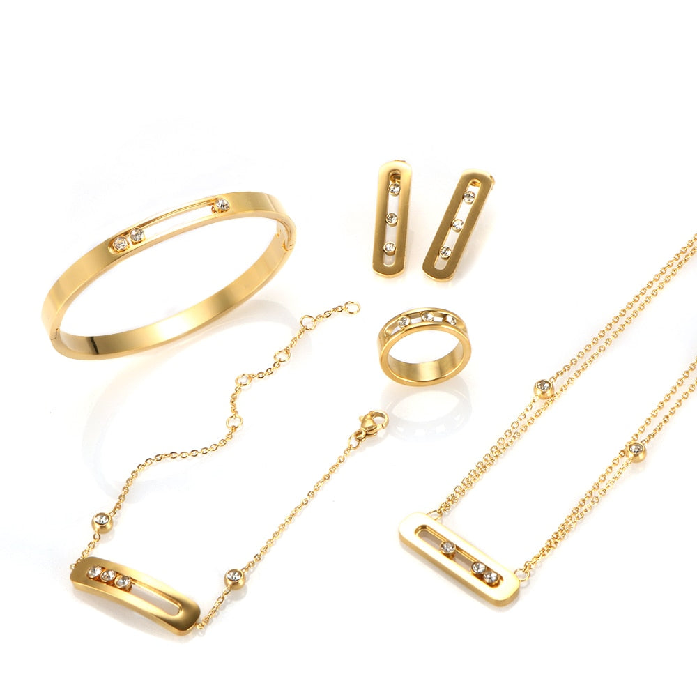 Stainless steel ring Jewelry set: bracelet, necklace, earrings and sliding bracelet with zircon stones