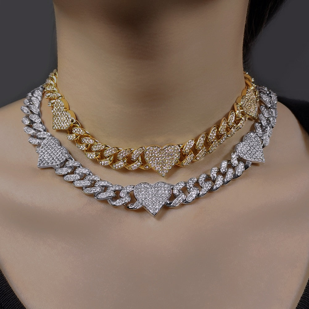 Hip Hop  Heart Cuban Link Chain Bling Iced Out, Rhinestone Paved Choker Necklaces BBunny Inspired