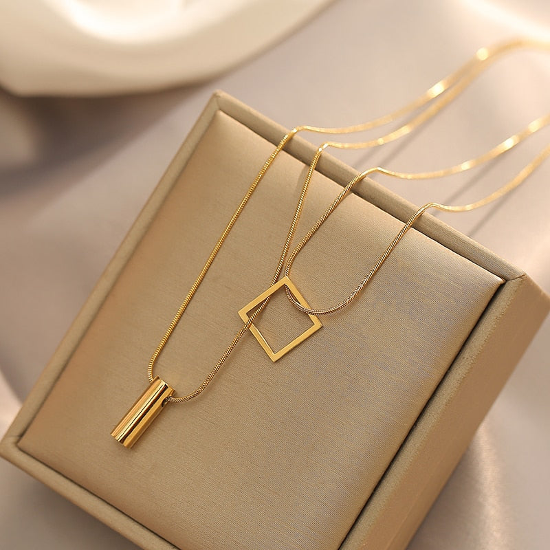 Stainless steel Gold Color Overlay Double-Layer Necklace