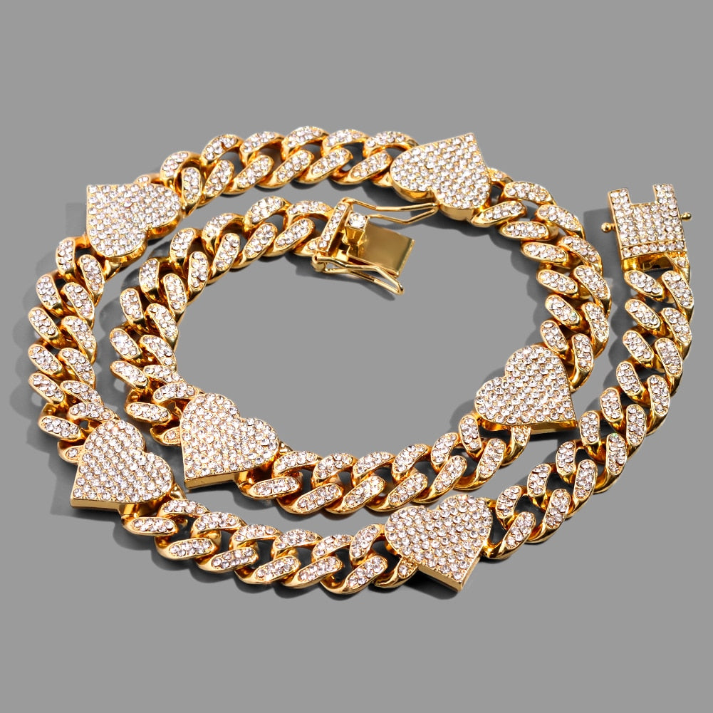 Hip Hop  Heart Cuban Link Chain Bling Iced Out, Rhinestone Paved Choker Necklaces BBunny Inspired